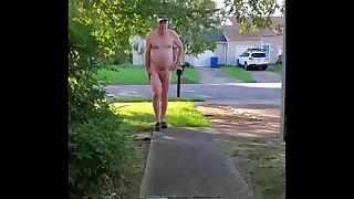 Naked pee and walk front yard car drives by